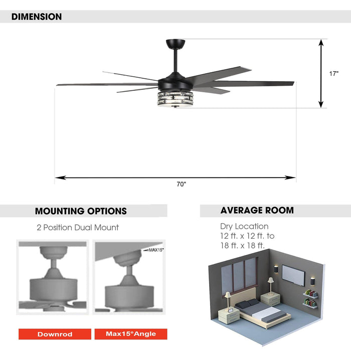 70" Modern DC Motor Downrod Mount Reversible Ceiling Fan with Lighting and Remote Control - Sweatfully