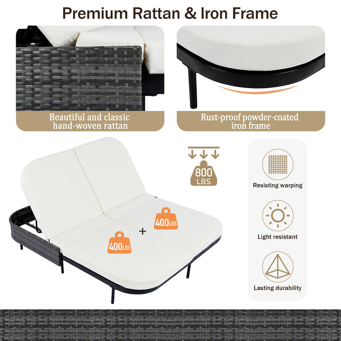 Outdoor Daybed, Patio Rattan Daybed with 5-Position Adjustable Backrest and Removable Cushions & Pillows for Garden, Backyard, Poolside - Sweatfully