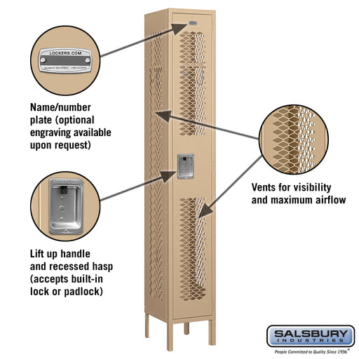 Salsbury 12" Wide Single Tier Vented Metal Locker - 1 Wide - 6 Feet High - 12 Inches Deep - Tan - Assembled - Sweatfully