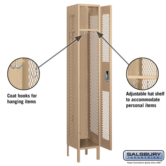 Salsbury 12" Wide Single Tier Vented Metal Locker - 1 Wide - 6 Feet High - 12 Inches Deep - Tan - Unassembled - Sweatfully
