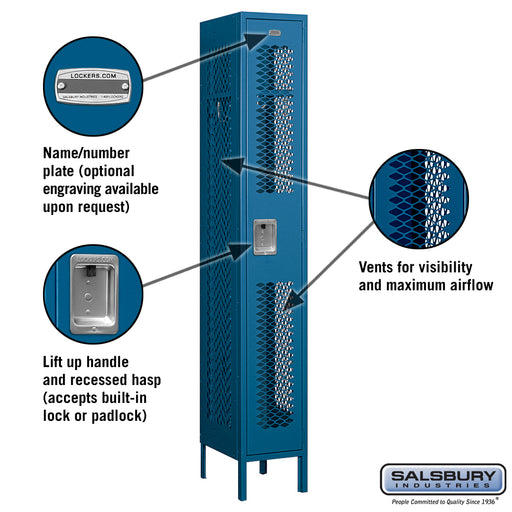 Salsbury 12" Wide Single Tier Vented Metal Locker - 1 Wide - 6 Feet High - 15 Inches Deep - Blue - Unassembled - Sweatfully
