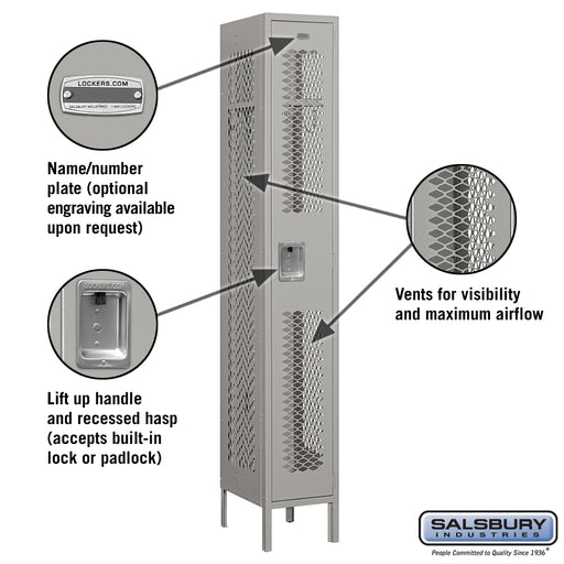 Salsbury 12" Wide Single Tier Vented Metal Locker - 1 Wide - 6 Feet High - 15 Inches Deep - Gray - Assembled - Sweatfully