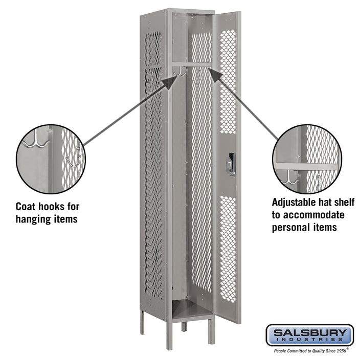 Salsbury 12" Wide Single Tier Vented Metal Locker - 1 Wide - 6 Feet High - 15 Inches Deep - Gray - Assembled - Sweatfully