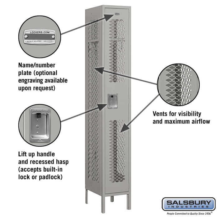 Salsbury 12" Wide Single Tier Vented Metal Locker - 1 Wide - 6 Feet High - 15 Inches Deep - Gray - Unassembled - Sweatfully