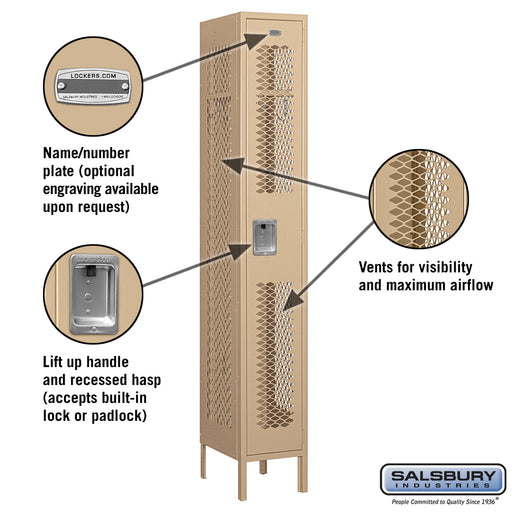 Salsbury 12" Wide Single Tier Vented Metal Locker - 1 Wide - 6 Feet High - 15 Inches Deep - Tan - Assembled - Sweatfully