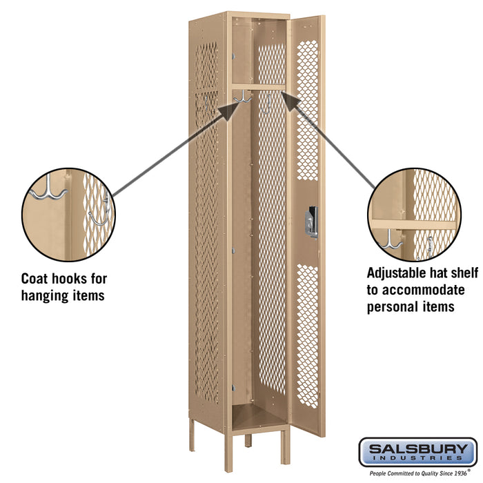 Salsbury 12" Wide Single Tier Vented Metal Locker - 1 Wide - 6 Feet High - 15 Inches Deep - Tan - Assembled - Sweatfully