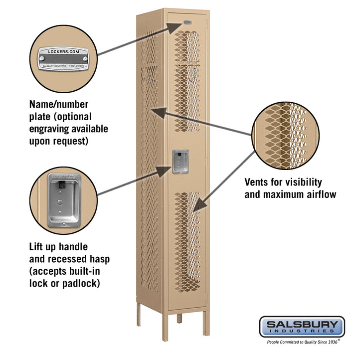 Salsbury 12" Wide Single Tier Vented Metal Locker - 1 Wide - 6 Feet High - 15 Inches Deep - Tan - Unassembled - Sweatfully
