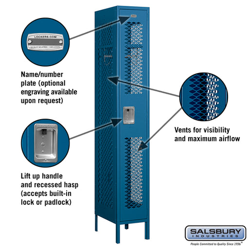 Salsbury 12" Wide Single Tier Vented Metal Locker - 1 Wide - 6 Feet High - 18 Inches Deep - Blue - Assembled - Sweatfully