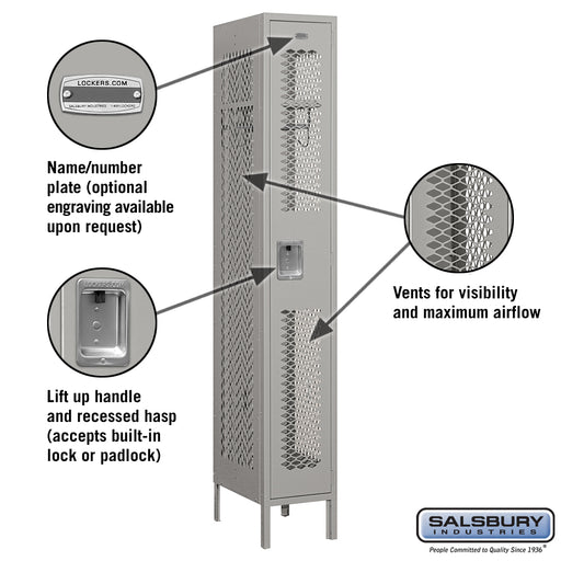 Salsbury 12" Wide Single Tier Vented Metal Locker - 1 Wide - 6 Feet High - 18 Inches Deep - Gray - Assembled - Sweatfully