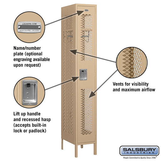 Salsbury 12" Wide Single Tier Vented Metal Locker - 1 Wide - 6 Feet High - 18 Inches Deep - Tan - Assembled - Sweatfully
