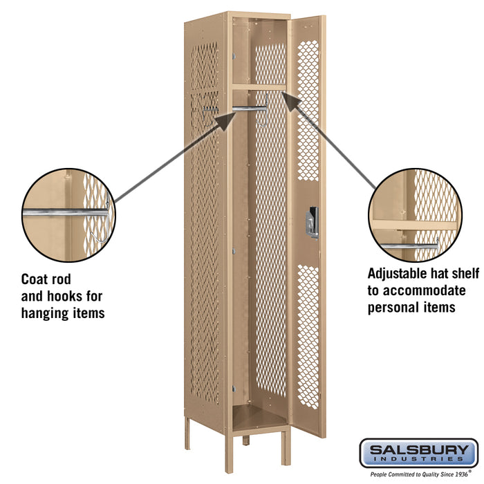 Salsbury 12" Wide Single Tier Vented Metal Locker - 1 Wide - 6 Feet High - 18 Inches Deep - Tan - Assembled - Sweatfully