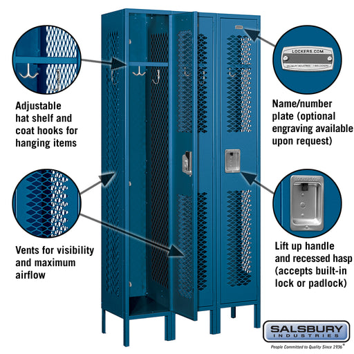 Salsbury 12" Wide Single Tier Vented Metal Locker - 3 Wide - 6 Feet High - 12 Inches Deep - Blue - Assembled - Sweatfully