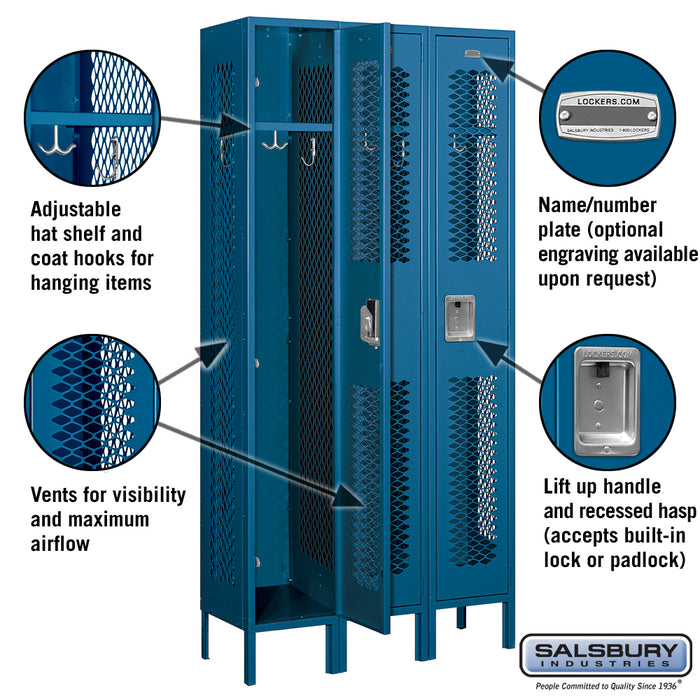 Salsbury 12" Wide Single Tier Vented Metal Locker - 3 Wide - 6 Feet High - 12 Inches Deep - Blue - Unassembled - Sweatfully