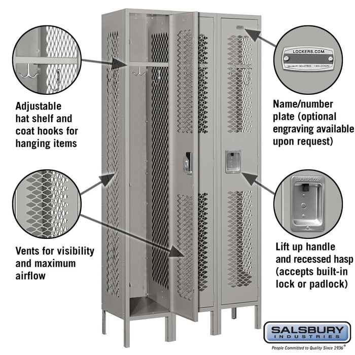 Salsbury 12" Wide Single Tier Vented Metal Locker - 3 Wide - 6 Feet High - 12 Inches Deep - Gray - Assembled - Sweatfully