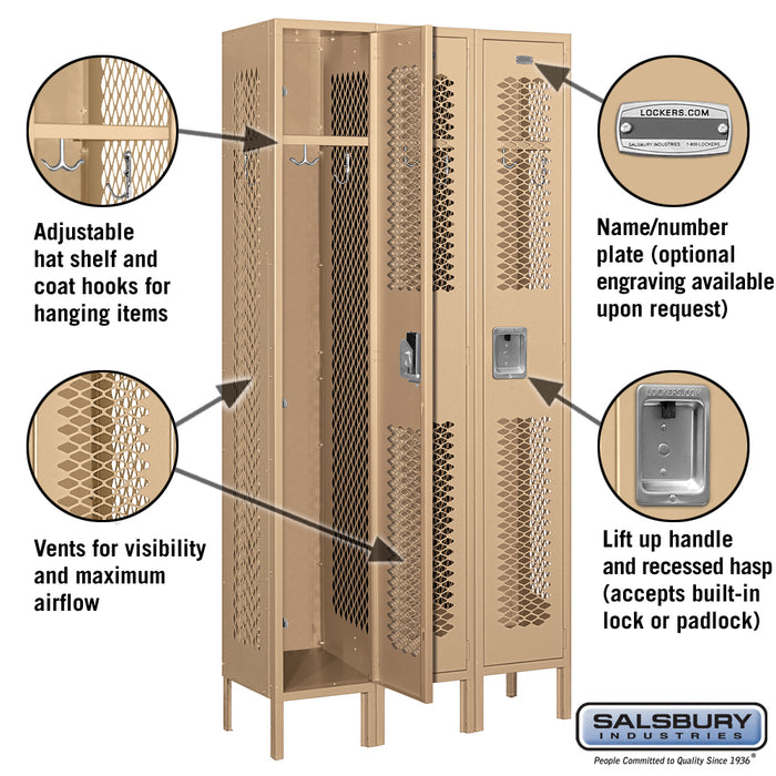Salsbury 12" Wide Single Tier Vented Metal Locker - 3 Wide - 6 Feet High - 12 Inches Deep - Tan - Assembled - Sweatfully