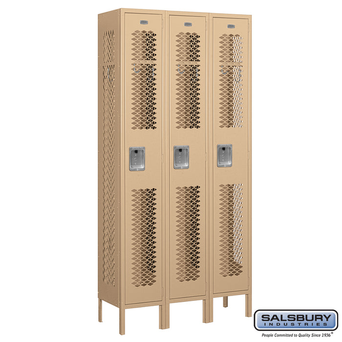 Salsbury 12" Wide Single Tier Vented Metal Locker - 3 Wide - 6 Feet High - 12 Inches Deep - Tan - Assembled - Sweatfully