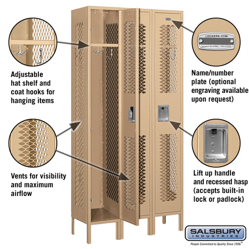 Salsbury 12" Wide Single Tier Vented Metal Locker - 3 Wide - 6 Feet High - 12 Inches Deep - Tan - Unassembled - Sweatfully