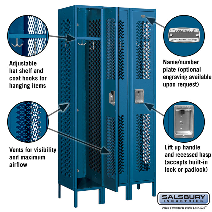 Salsbury 12" Wide Single Tier Vented Metal Locker - 3 Wide - 6 Feet High - 15 Inches Deep - Blue - Assembled - Sweatfully