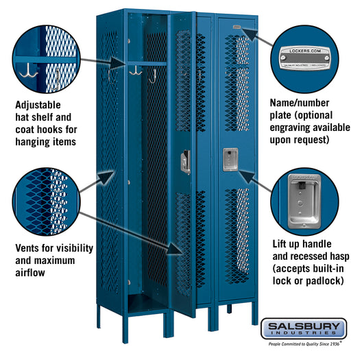Salsbury 12" Wide Single Tier Vented Metal Locker - 3 Wide - 6 Feet High - 15 Inches Deep - Blue - Unassembled - Sweatfully