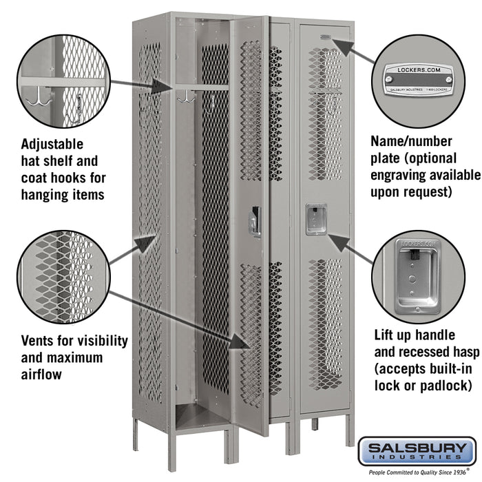 Salsbury 12" Wide Single Tier Vented Metal Locker - 3 Wide - 6 Feet High - 15 Inches Deep - Gray - Assembled - Sweatfully