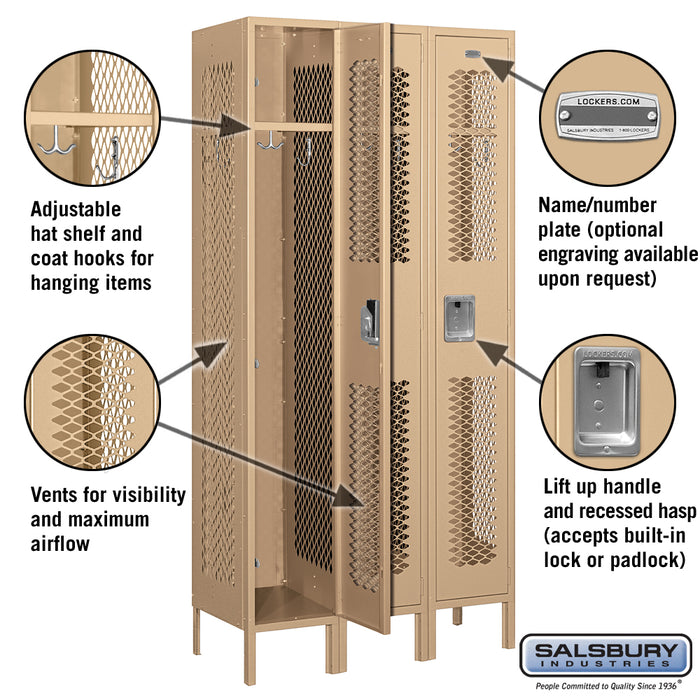 Salsbury 12" Wide Single Tier Vented Metal Locker - 3 Wide - 6 Feet High - 15 Inches Deep - Tan - Assembled - Sweatfully