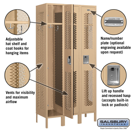 Salsbury 12" Wide Single Tier Vented Metal Locker - 3 Wide - 6 Feet High - 15 Inches Deep - Tan - Unassembled - Sweatfully