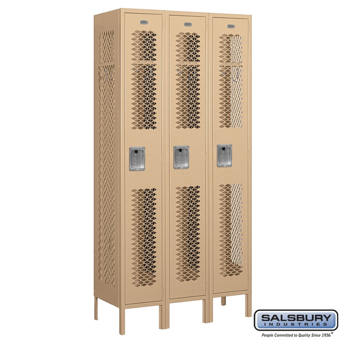 Salsbury 12" Wide Single Tier Vented Metal Locker - 3 Wide - 6 Feet High - 15 Inches Deep - Tan - Unassembled - Sweatfully