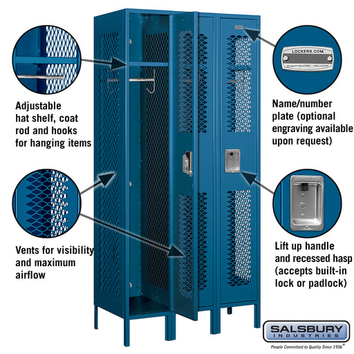 Salsbury 12" Wide Single Tier Vented Metal Locker - 3 Wide - 6 Feet High - 18 Inches Deep - Blue - Assembled - Sweatfully