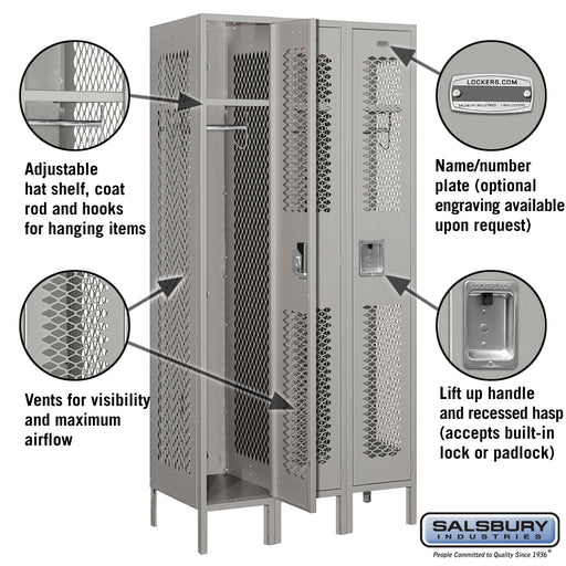 Salsbury 12" Wide Single Tier Vented Metal Locker - 3 Wide - 6 Feet High - 18 Inches Deep - Gray - Assembled - Sweatfully