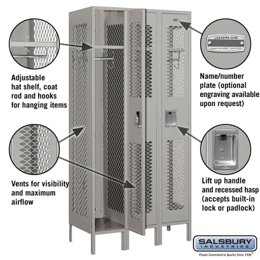 Salsbury 12" Wide Single Tier Vented Metal Locker - 3 Wide - 6 Feet High - 18 Inches Deep - Gray - Unassembled - Sweatfully