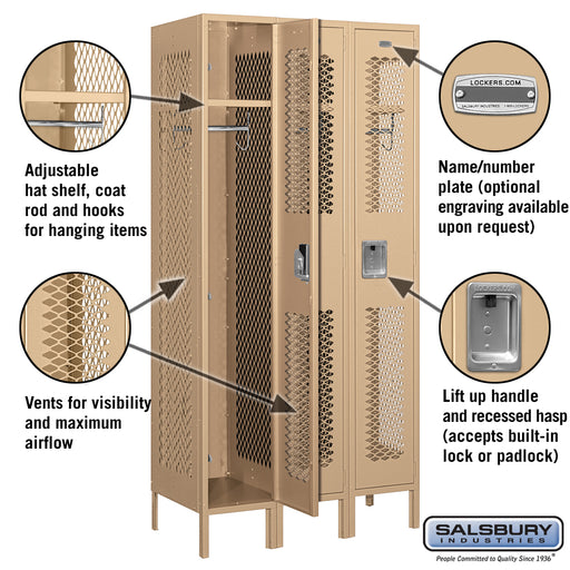 Salsbury 12" Wide Single Tier Vented Metal Locker - 3 Wide - 6 Feet High - 18 Inches Deep - Tan - Assembled - Sweatfully