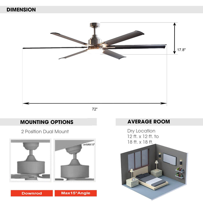 72" Bankston Modern DC Motor Downrod Mount Reversible Ceiling Fan with Lighting and Remote Control - Sweatfully