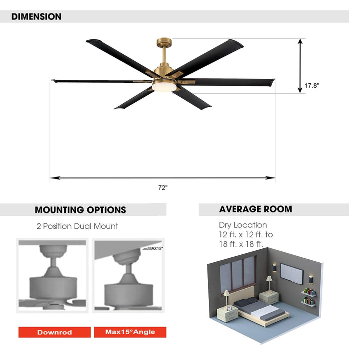 72" Bankston Modern DC Motor Downrod Mount Reversible Ceiling Fan with Lighting and Remote Control - Sweatfully