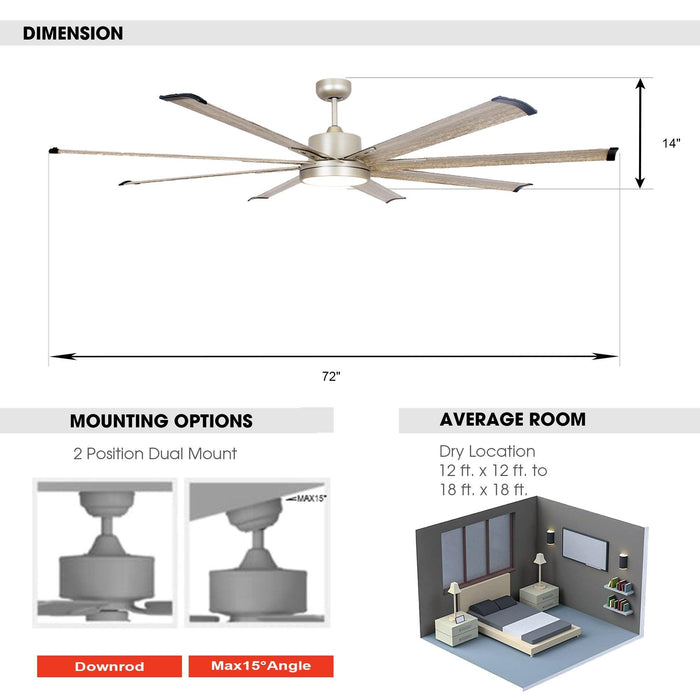 72" Bankston Modern Satin Nickel DC Motor Downrod Mount Ceiling Fan with LED Lighting and Remote Control - Sweatfully
