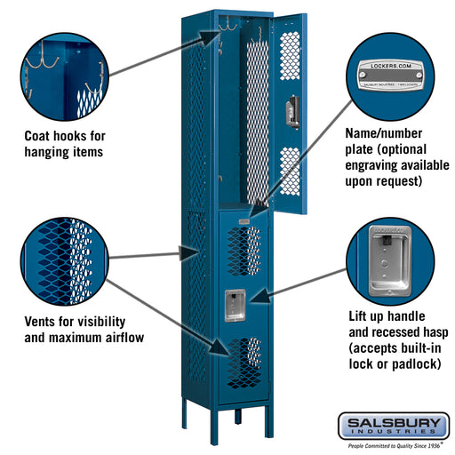 Salsbury 12" Wide Double Tier Vented Metal Locker - 1 Wide - 6 Feet High - 12 Inches Deep - Blue - Unassembled - Sweatfully