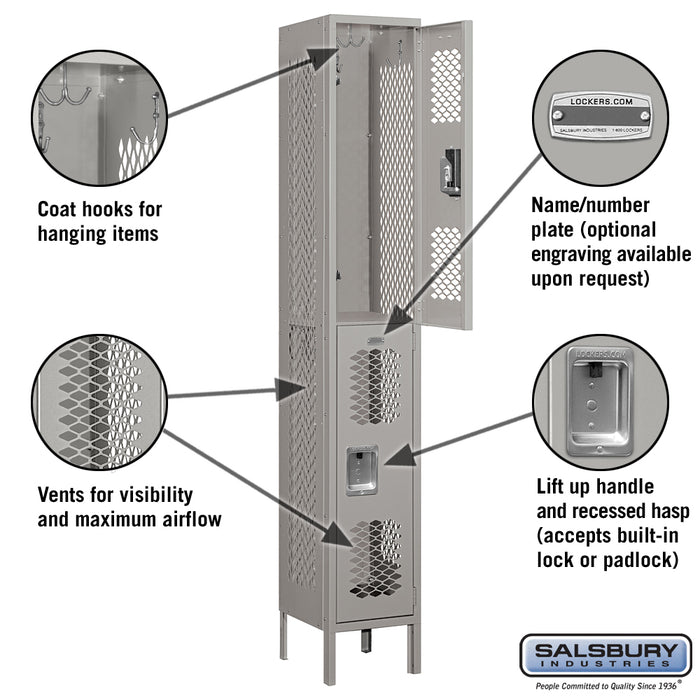 Salsbury 12" Wide Double Tier Vented Metal Locker - 1 Wide - 6 Feet High - 12 Inches Deep - Gray - Unassembled - Sweatfully