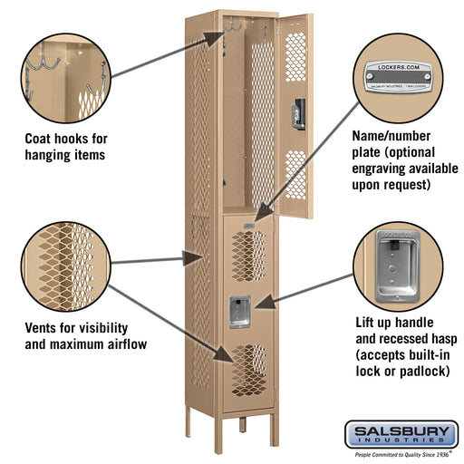 Salsbury 12" Wide Double Tier Vented Metal Locker - 1 Wide - 6 Feet High - 12 Inches Deep - Tan - Assembled - Sweatfully
