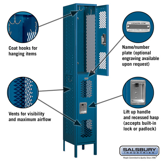 Salsbury 12" Wide Double Tier Vented Metal Locker - 1 Wide - 6 Feet High - 15 Inches Deep - Blue - Assembled - Sweatfully