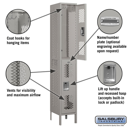 Salsbury 12" Wide Double Tier Vented Metal Locker - 1 Wide - 6 Feet High - 15 Inches Deep - Gray - Assembled - Sweatfully