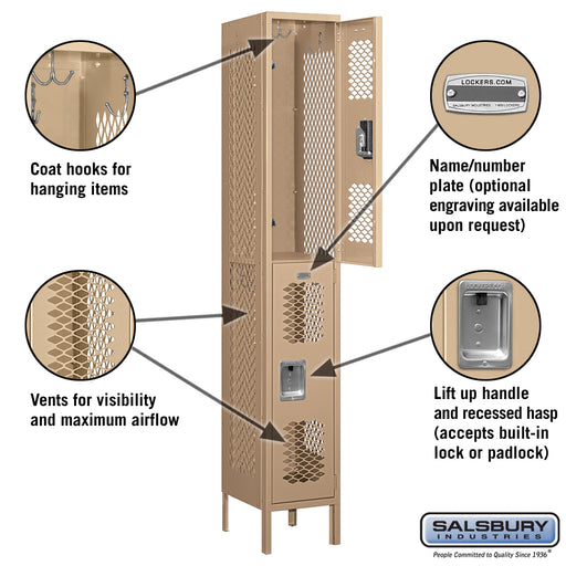 Salsbury 12" Wide Double Tier Vented Metal Locker - 1 Wide - 6 Feet High - 15 Inches Deep - Tan - Unassembled - Sweatfully