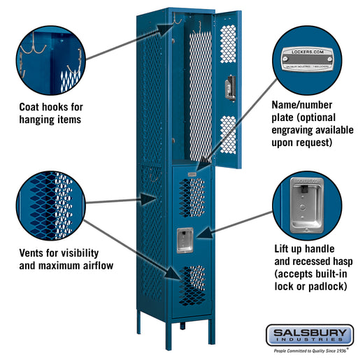 Salsbury 12" Wide Double Tier Vented Metal Locker - 1 Wide - 6 Feet High - 18 Inches Deep - Blue - Unassembled - Sweatfully