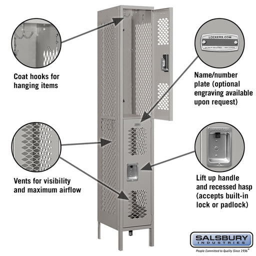 Salsbury 12" Wide Double Tier Vented Metal Locker - 1 Wide - 6 Feet High - 18 Inches Deep - Gray - Assembled - Sweatfully