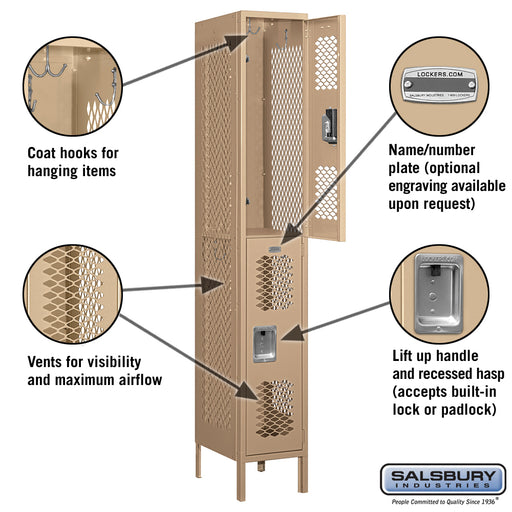 Salsbury 12" Wide Double Tier Vented Metal Locker - 1 Wide - 6 Feet High - 18 Inches Deep - Tan - Unassembled - Sweatfully