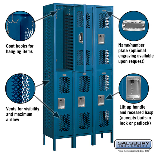 Salsbury 12" Wide Double Tier Vented Metal Locker - 3 Wide - 6 Feet High - 12 Inches Deep - Blue - Assembled - Sweatfully