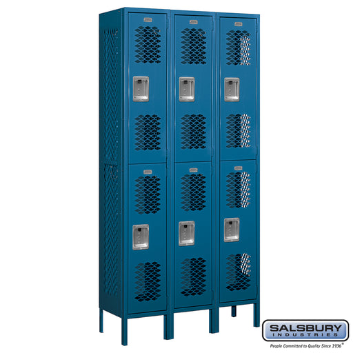 Salsbury 12" Wide Double Tier Vented Metal Locker - 3 Wide - 6 Feet High - 12 Inches Deep - Blue - Unassembled - Sweatfully