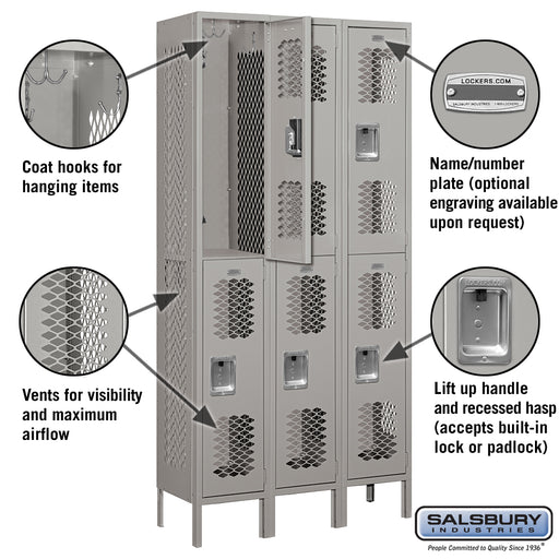 Salsbury 12" Wide Double Tier Vented Metal Locker - 3 Wide - 6 Feet High - 12 Inches Deep - Gray - Assembled - Sweatfully