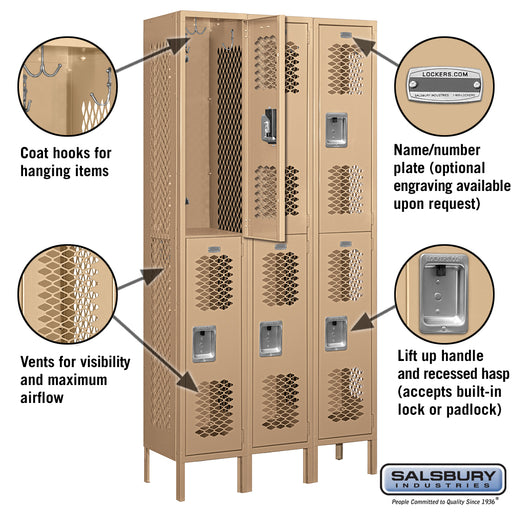 Salsbury 12" Wide Double Tier Vented Metal Locker - 3 Wide - 6 Feet High - 12 Inches Deep - Tan - Assembled - Sweatfully