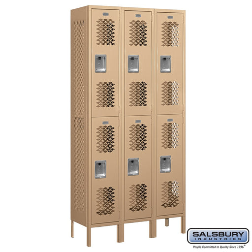 Salsbury 12" Wide Double Tier Vented Metal Locker - 3 Wide - 6 Feet High - 12 Inches Deep - Tan - Unassembled - Sweatfully