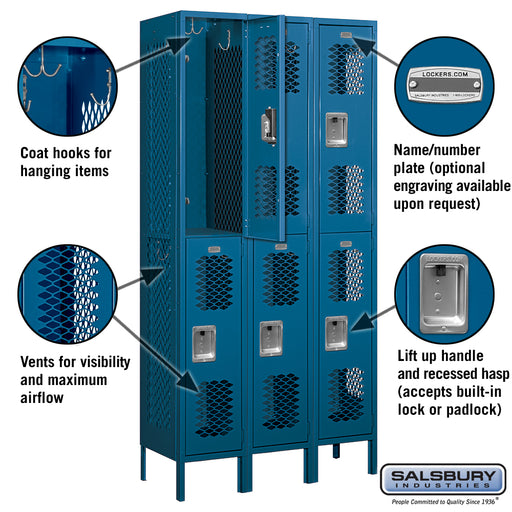 Salsbury 12" Wide Double Tier Vented Metal Locker - 3 Wide - 6 Feet High - 15 Inches Deep - Blue - Unassembled - Sweatfully