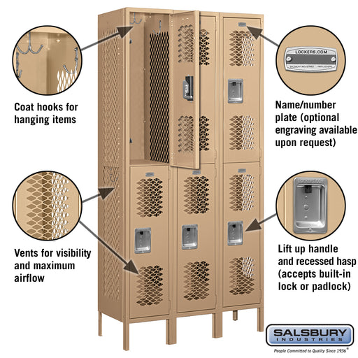 Salsbury 12" Wide Double Tier Vented Metal Locker - 3 Wide - 6 Feet High - 15 Inches Deep - Tan - Unassembled - Sweatfully